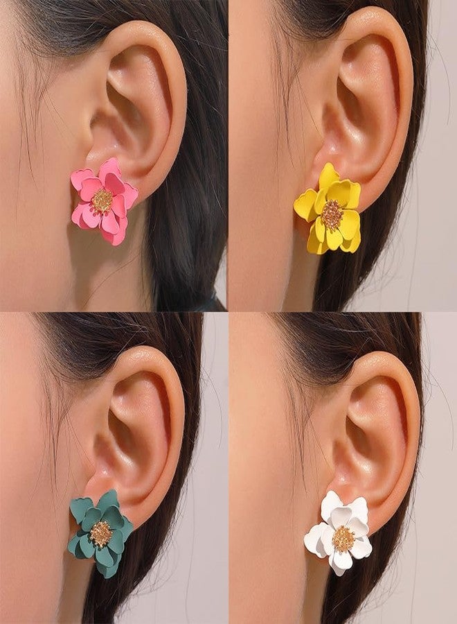 Mintolex Summer Beach Flower Earrings for Women Boho Matte Stud Earrings Layered Floral Petals Earrings with Gold Flower Bud Pink Blue White Yellow Green Pack of 5 Pairs - Image 3